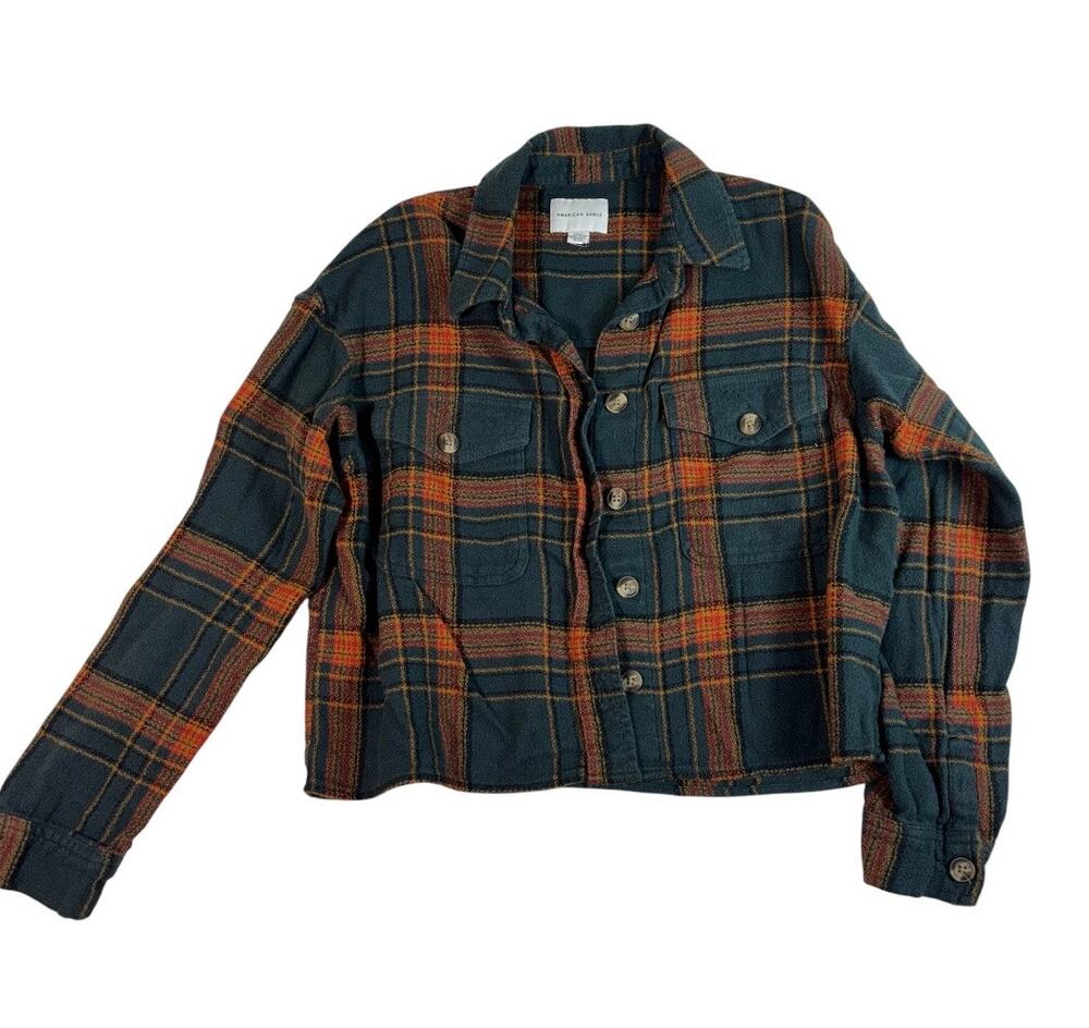 AMERICAN EAGLE Women's Soft Crop Plaid Button-Front Shirt Small